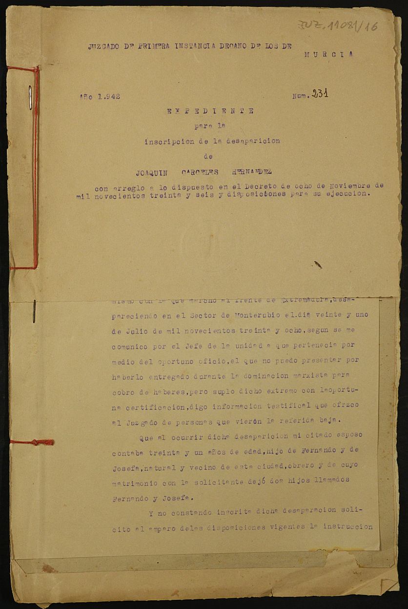 Expediente nº 231/1942 del Juzgado de Primera Instancia de Murcia para la inscripción en el Registro Civil por la defunción en el frente de Joaquín Cárceles Hernández.
